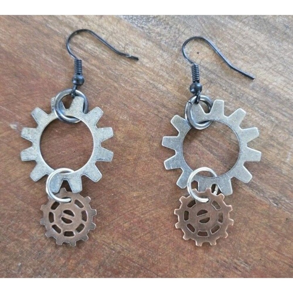 Handmade Steampunk Gear Earrings Copper & Silver Tone Dangle w/ Black Hooks